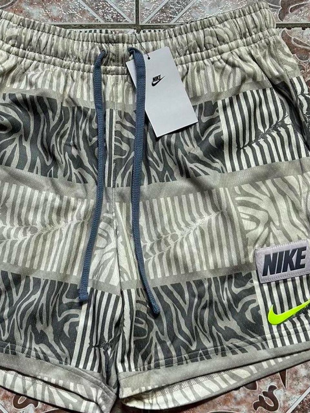 Nike Men’s Gray Zebra-Pattern Athletic Shorts with Neon Lime Swoosh